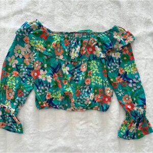 Andre by Unit Womens Off The Shoulder Ruffle Floral Top Green Medium